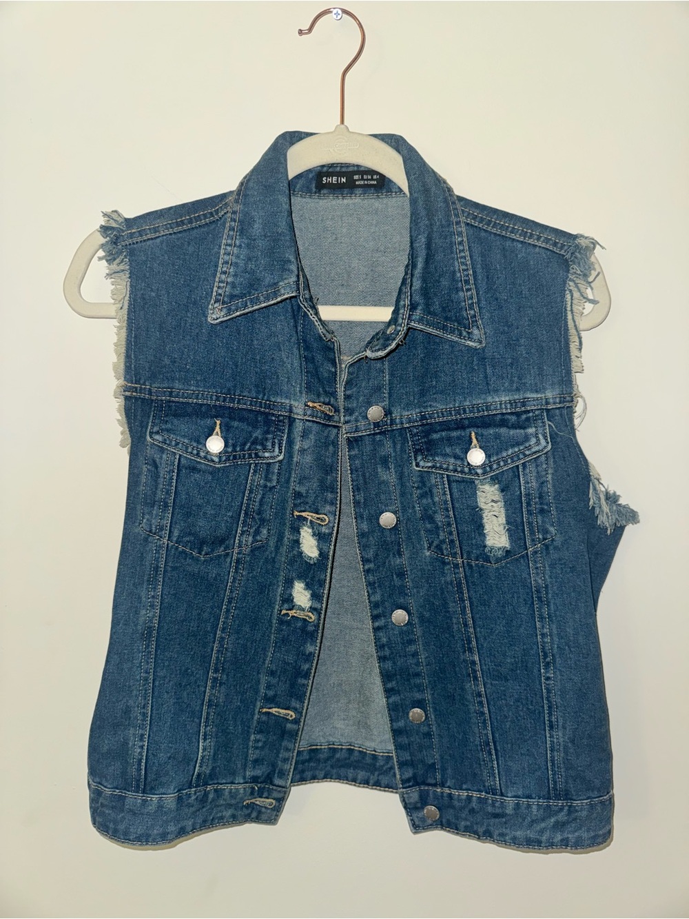 SHEIN Blue Distressed Frayed Sleeveless Denim Vest Size Small Y2K